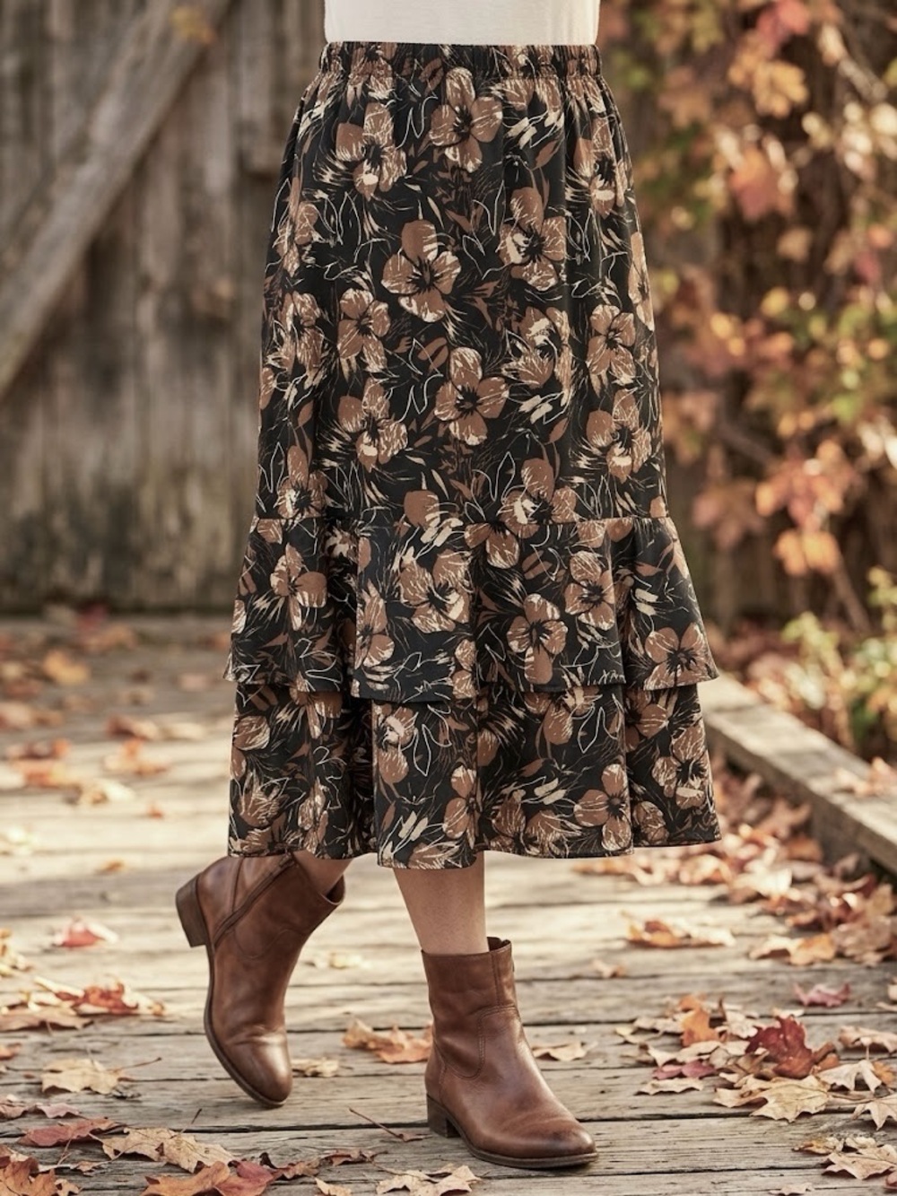 Sag Harbor Woman 20W Brown Floral Tiered Midi Skirt Elastic Waist Cottagecore - Picture 1 of 6